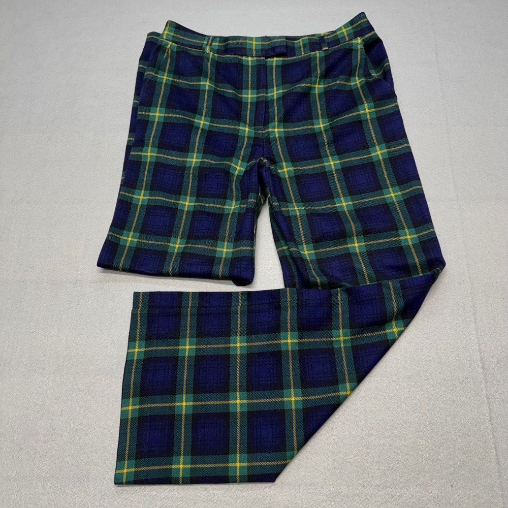J.McLaughlin Women 8 Plaid Trousers Blue Green Yellow Tartan Stretch Wide Leg